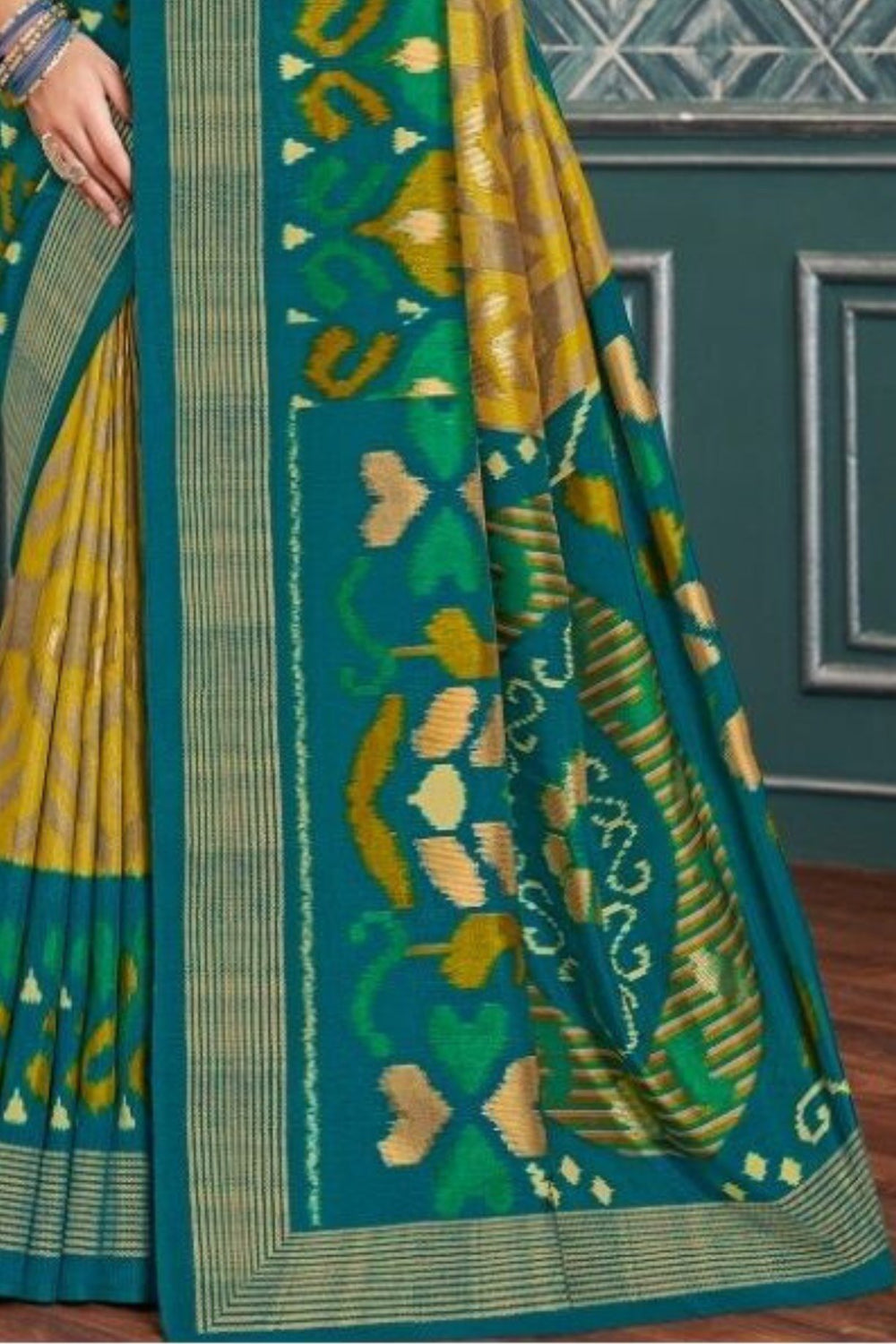 Elegant Teal Blue & Mustard Designer Printed Saree