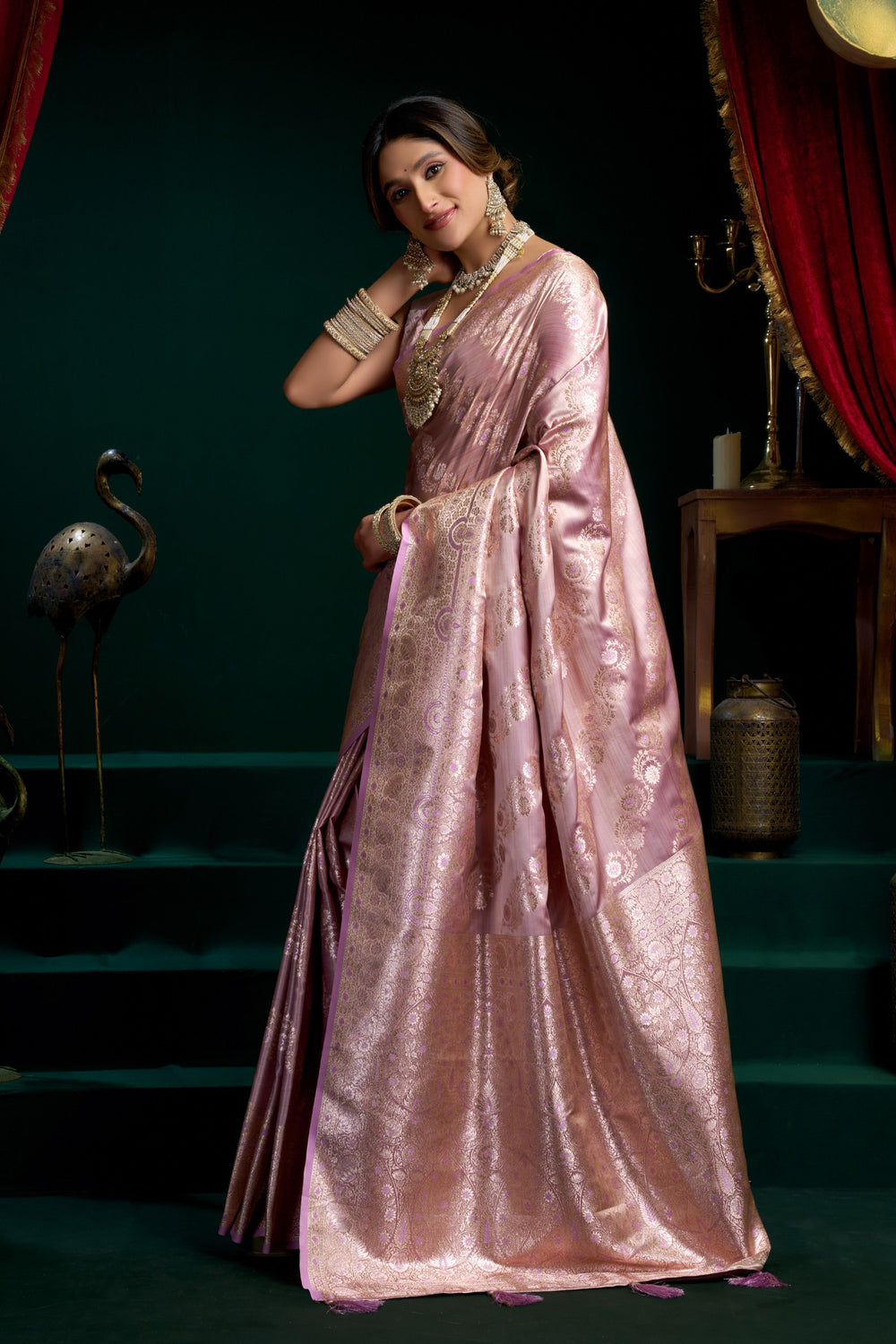 AARINYA Rose Pink Banarasi Silk Saree