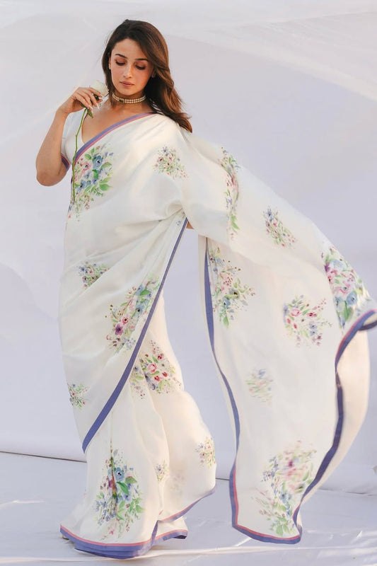 Elegant White Floral Printed Saree & Party Wear Saree