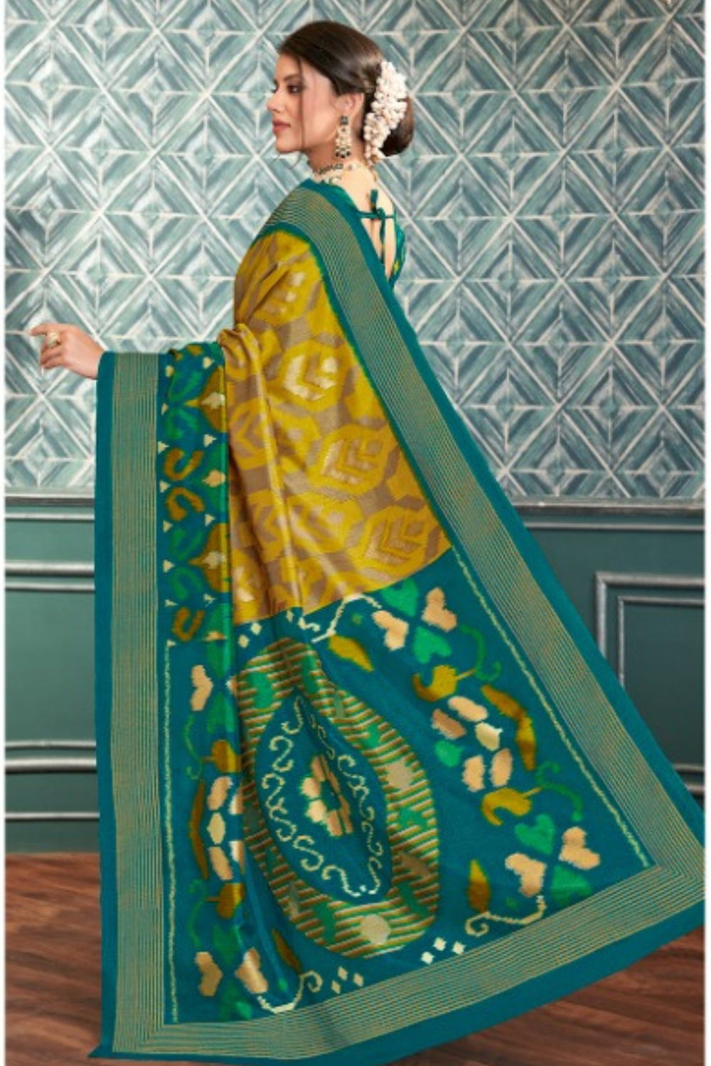 Elegant Teal Blue & Mustard Designer Printed Saree