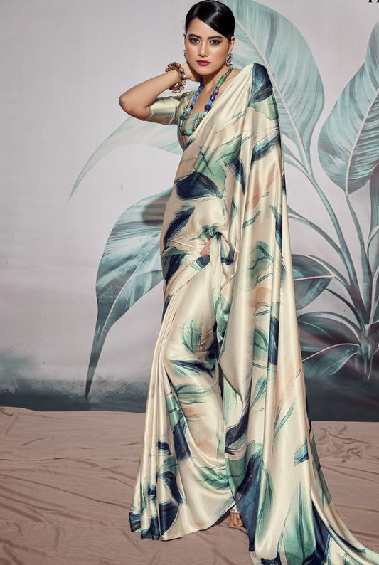 Elegant Cream Floral Printed Satin Saree | Modern Designer Party Wear Saree