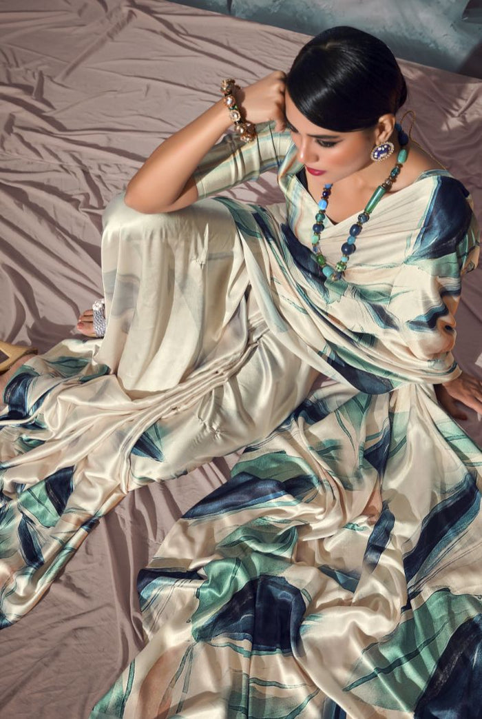 Elegant Cream Floral Printed Satin Saree | Modern Designer Party Wear Saree