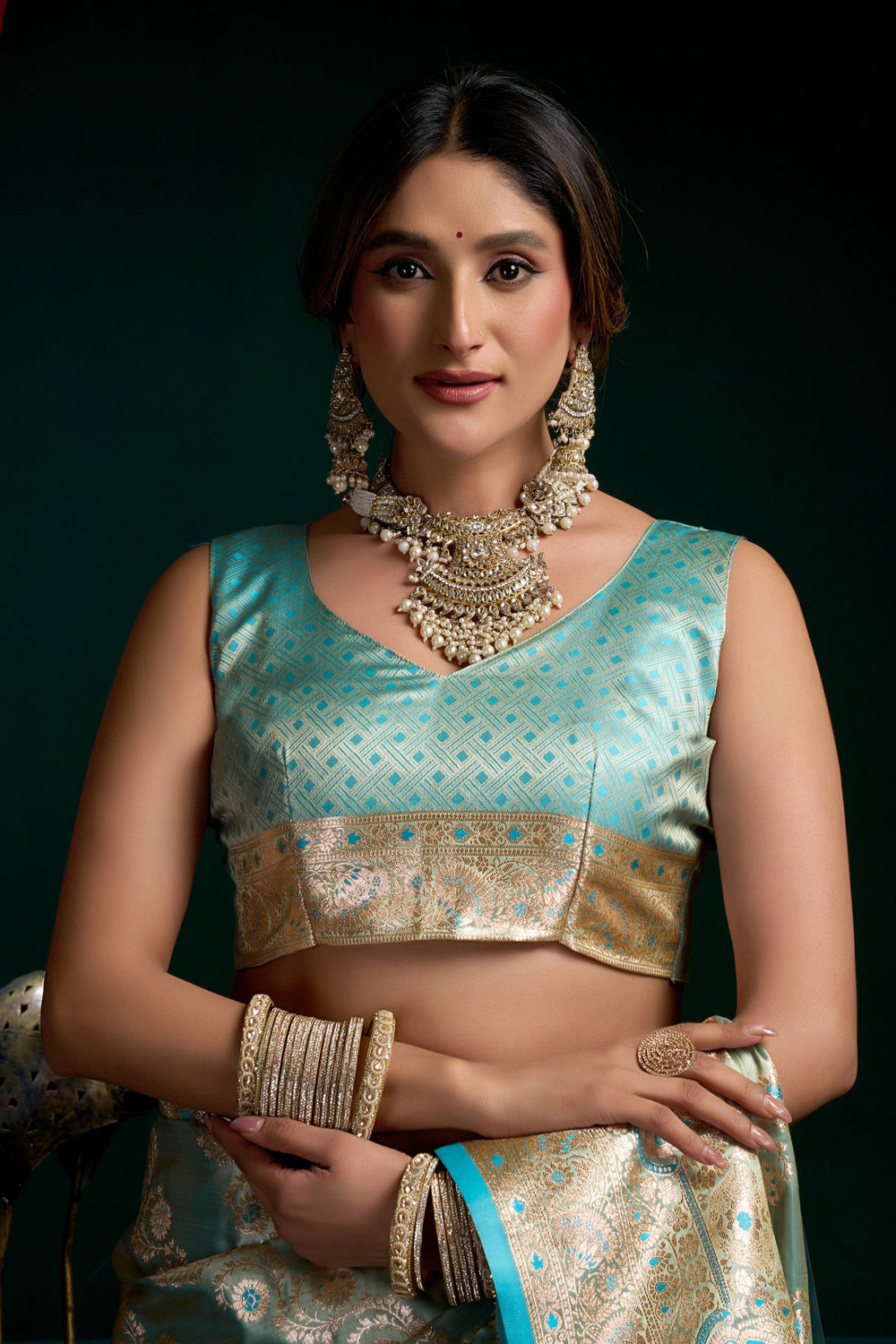 Sea Green Banarasi Silk Saree with Rich Golden Zari Weaving
