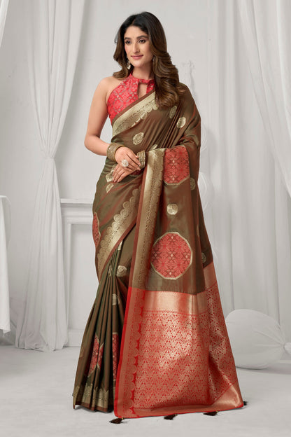 Premium Olive Green Banarasi Silk Saree with Rich Zari Weaving