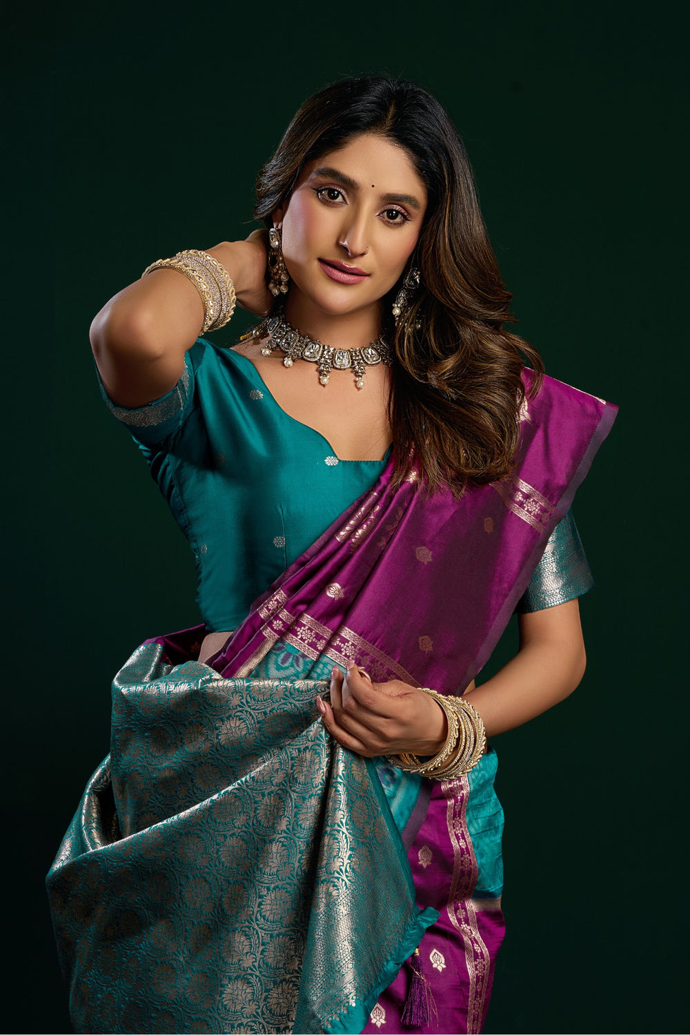AARINYA Purple & Teal Banarasi Silk Saree