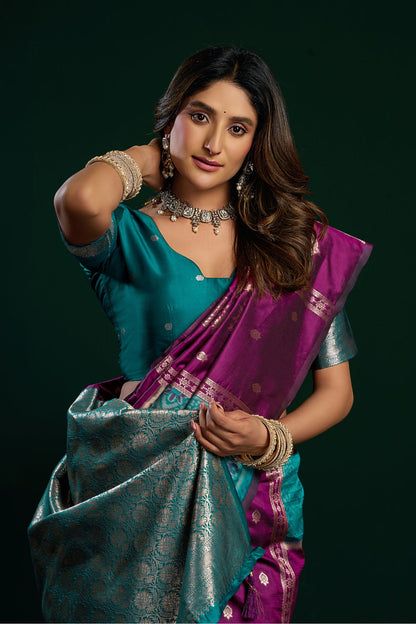 AARINYA Purple & Teal Banarasi Silk Saree