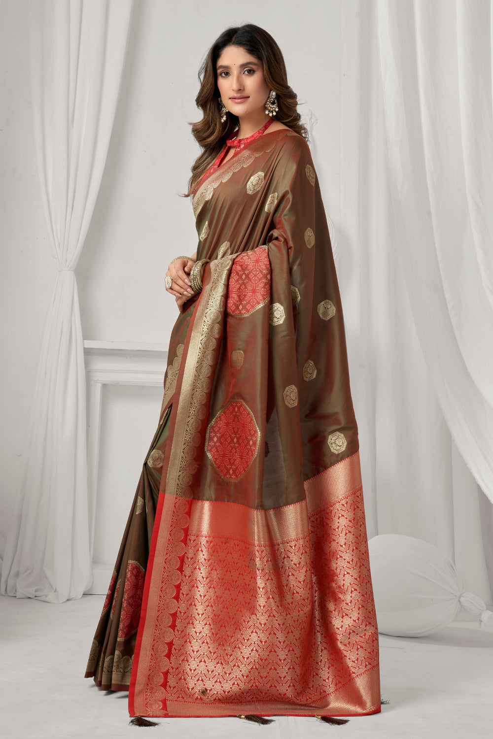 Premium Olive Green Banarasi Silk Saree with Rich Zari Weaving