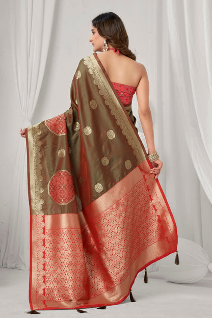Premium Olive Green Banarasi Silk Saree with Rich Zari Weaving