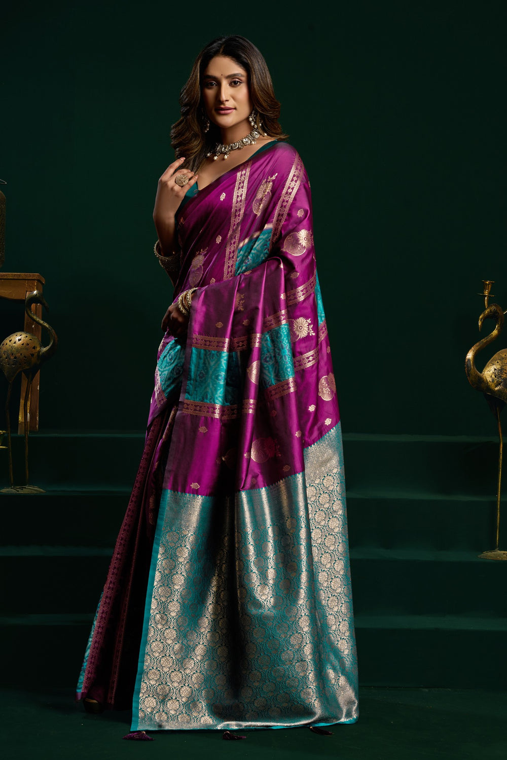 AARINYA Purple & Teal Banarasi Silk Saree