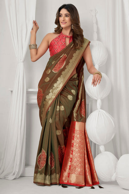 Premium Olive Green Banarasi Silk Saree with Rich Zari Weaving