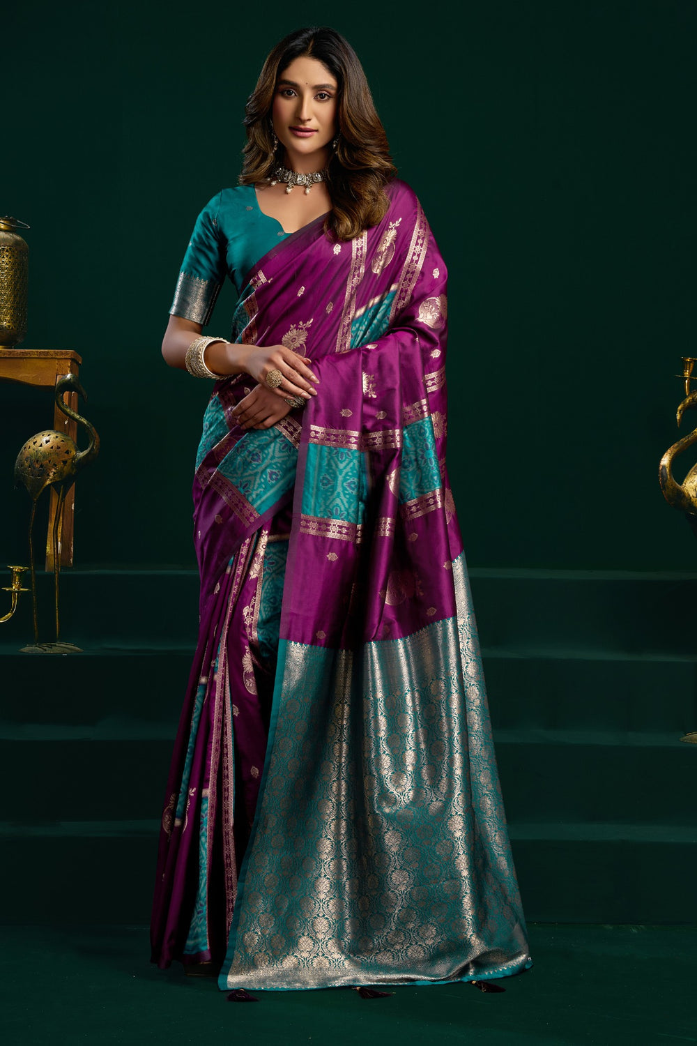 AARINYA Purple & Teal Banarasi Silk Saree