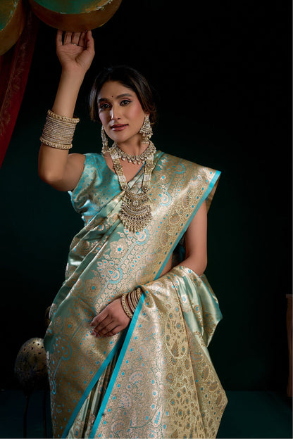 Sea Green Banarasi Silk Saree with Rich Golden Zari Weaving