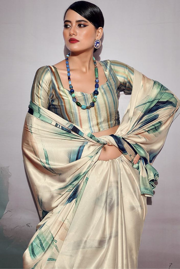 Elegant Cream Floral Printed Satin Saree | Modern Designer Party Wear Saree