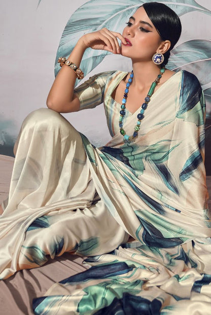 Elegant Cream Floral Printed Satin Saree | Modern Designer Party Wear Saree