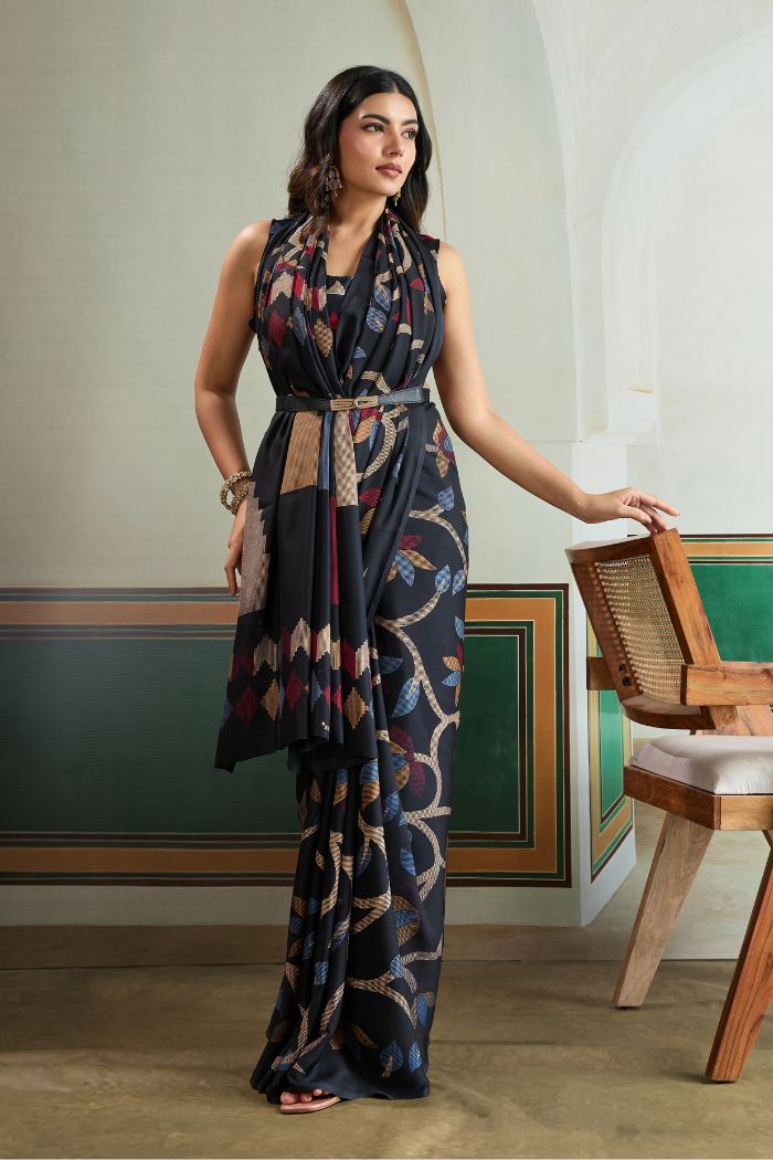 Midnight Bloom Designer Printed Saree