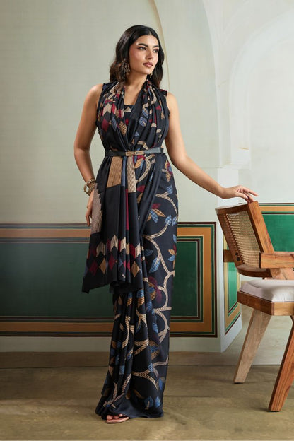 Midnight Bloom Designer Printed Saree