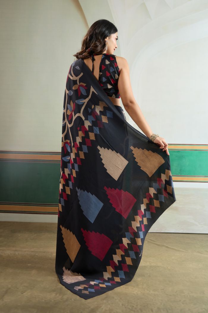 Midnight Bloom Designer Printed Saree
