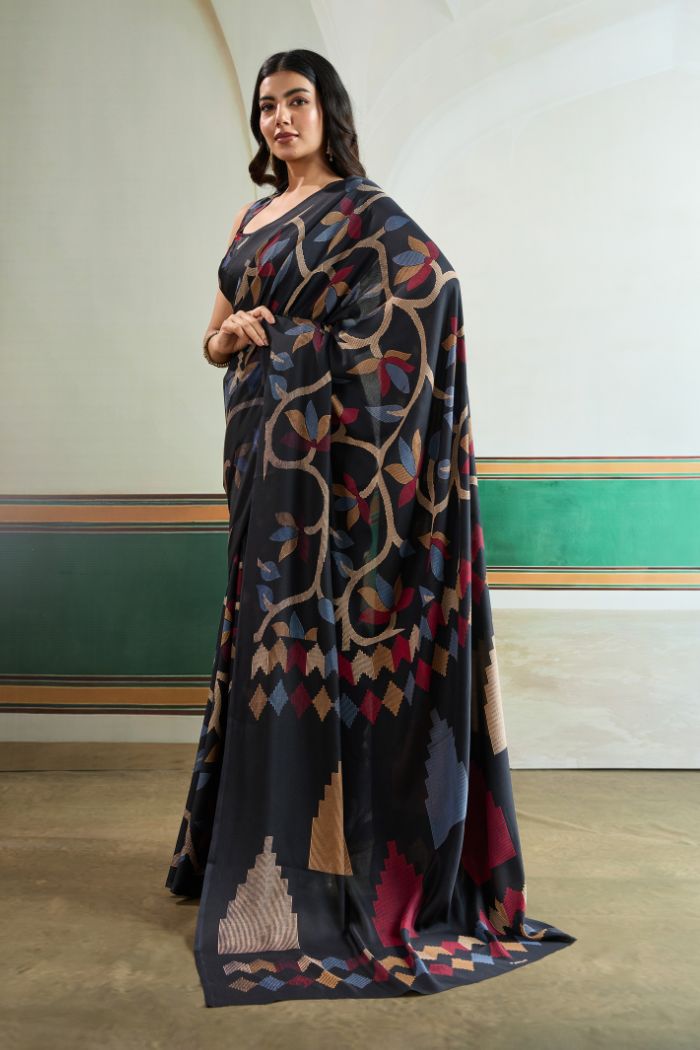 Midnight Bloom Designer Printed Saree