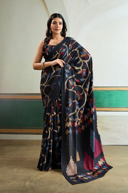 Midnight Bloom Designer Printed Saree