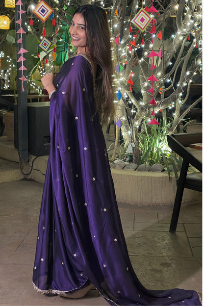 Purple Satin Silk Saree with Embroidered Border