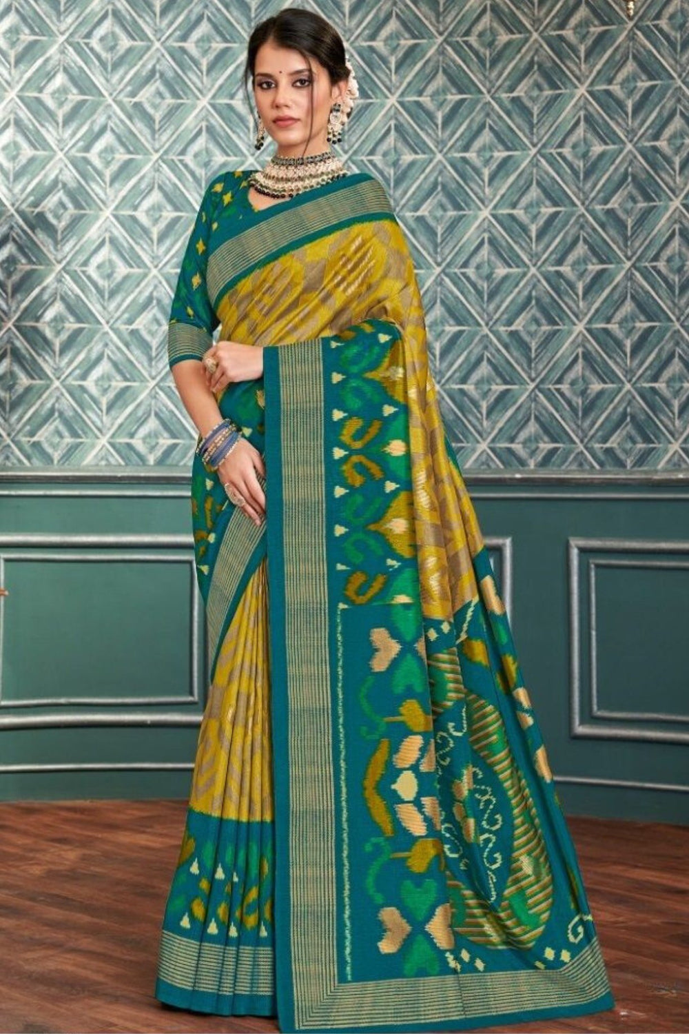 Elegant Teal Blue & Mustard Designer Printed Saree