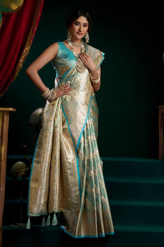 Sea Green Banarasi Silk Saree with Rich Golden Zari Weaving