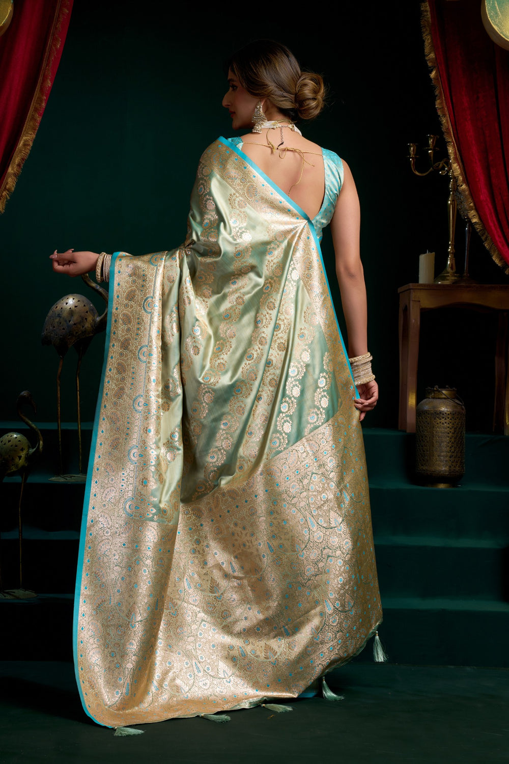 Sea Green Banarasi Silk Saree with Rich Golden Zari Weaving
