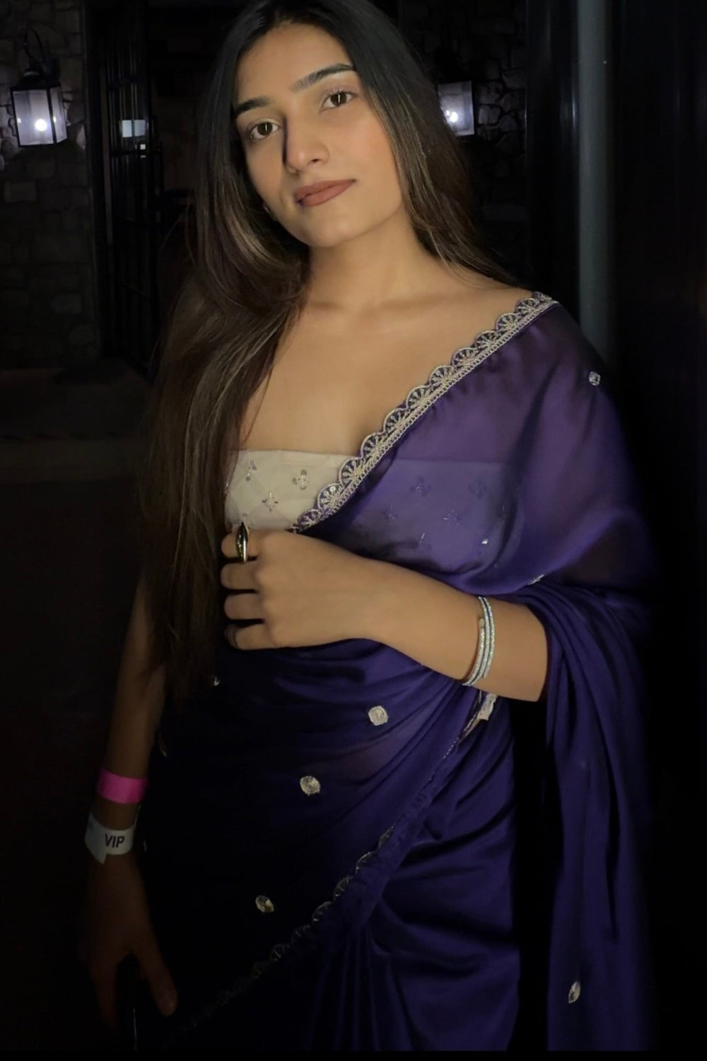 Purple Satin Silk Saree with Embroidered Border