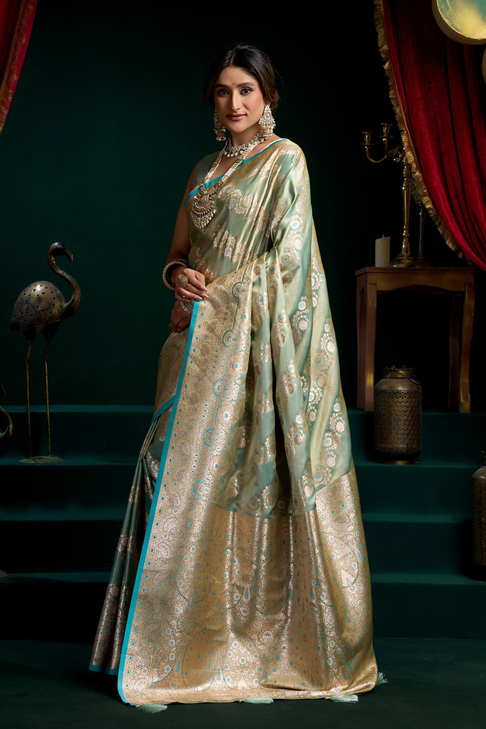 Sea Green Banarasi Silk Saree with Rich Golden Zari Weaving