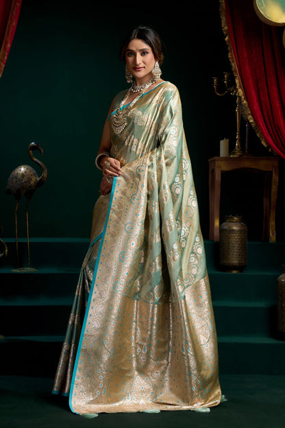 Sea Green Banarasi Silk Saree with Rich Golden Zari Weaving