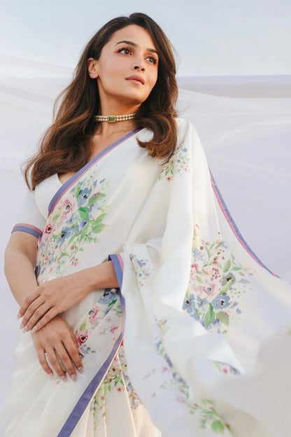 Elegant White Floral Printed Saree & Party Wear Saree