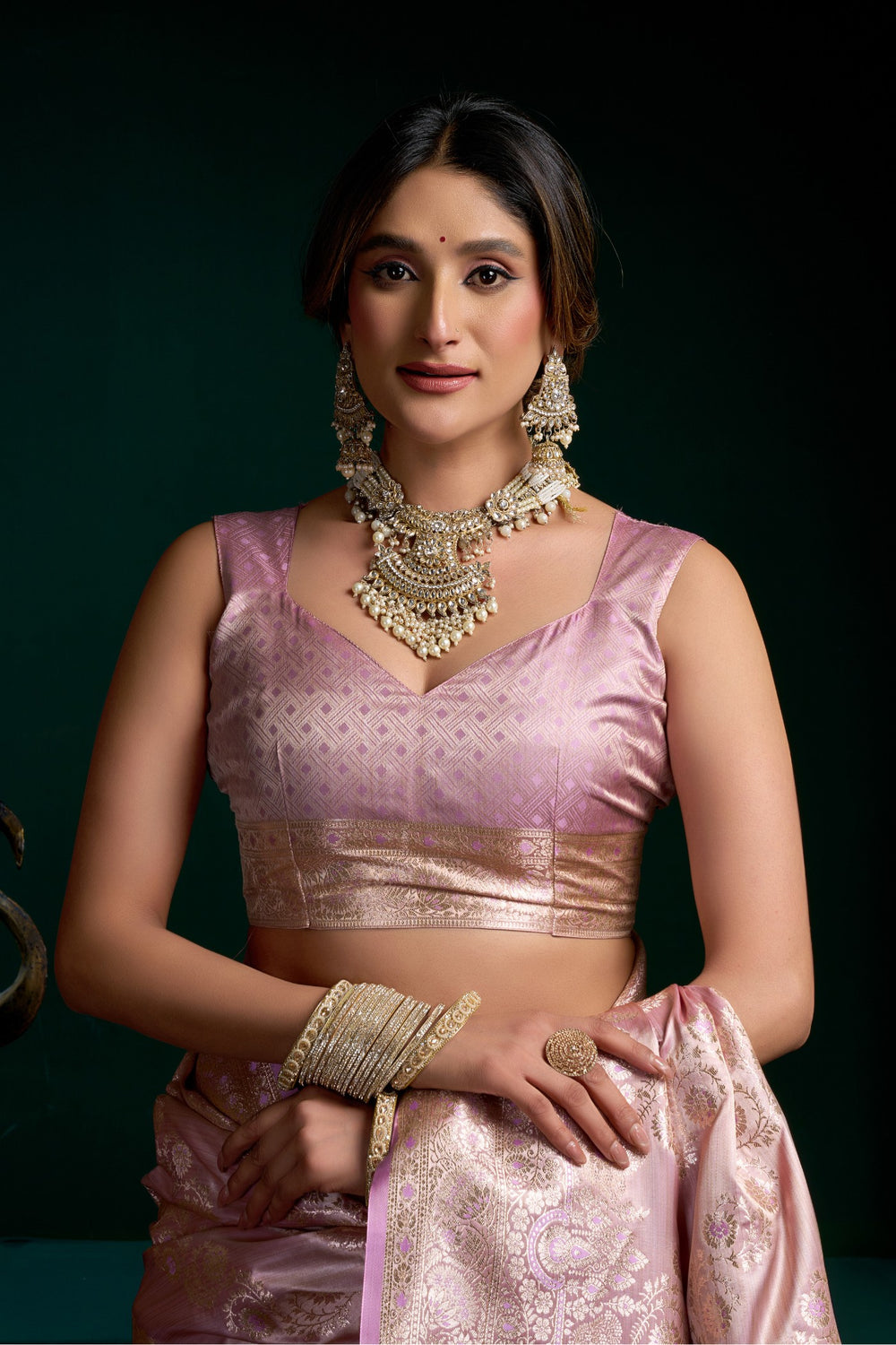 AARINYA Rose Pink Banarasi Silk Saree
