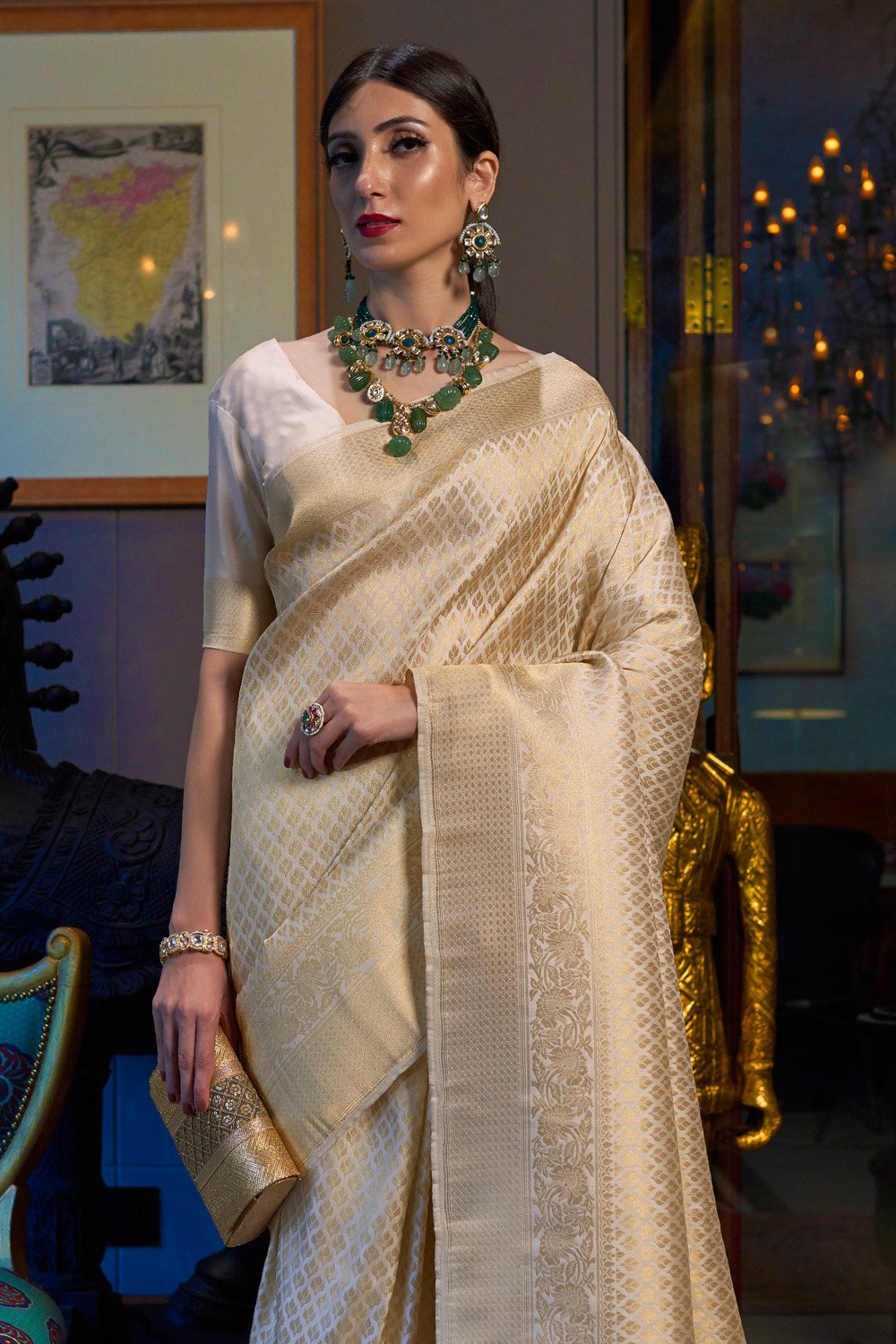 Royal Cream Banarasi Silk Saree with Elegant Zari Weaving