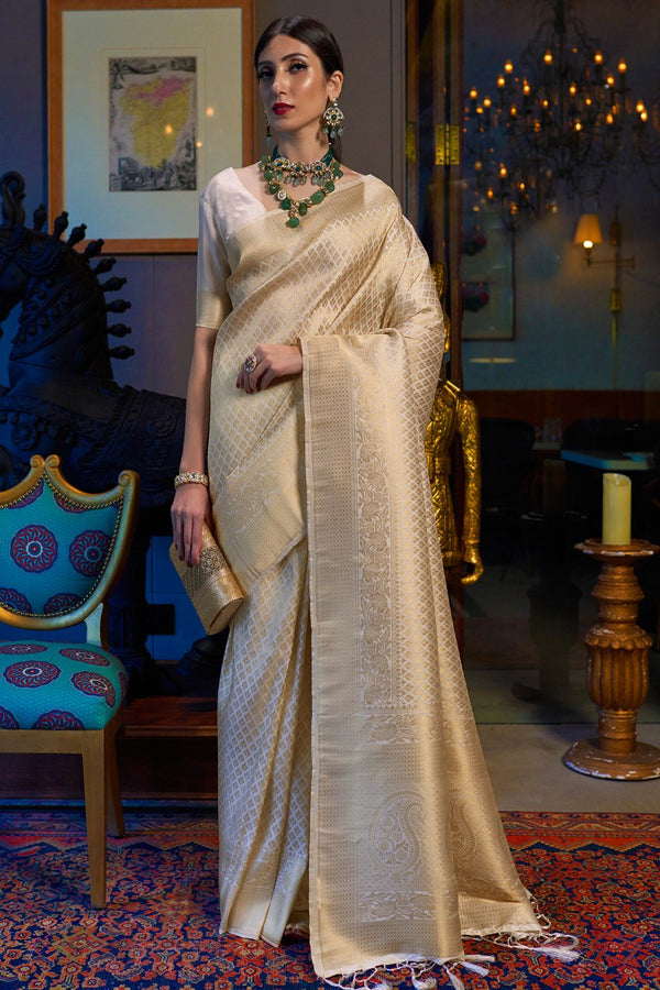 Royal Cream Banarasi Silk Saree with Elegant Zari Weaving