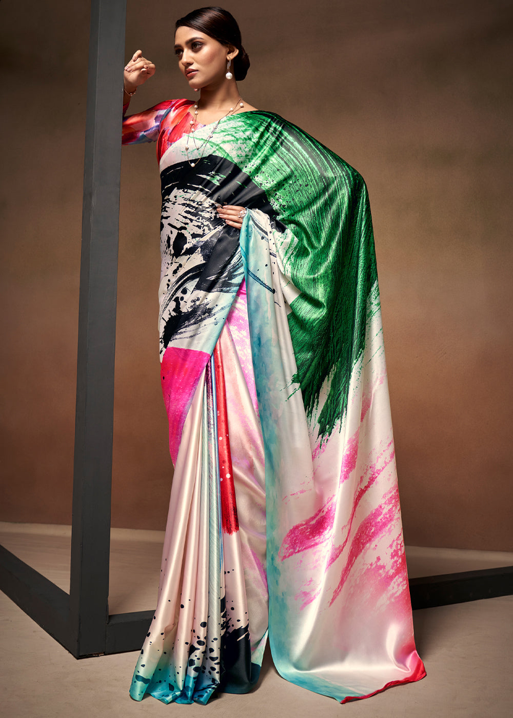 Designer Multicolor Abstract Printed Satin Saree