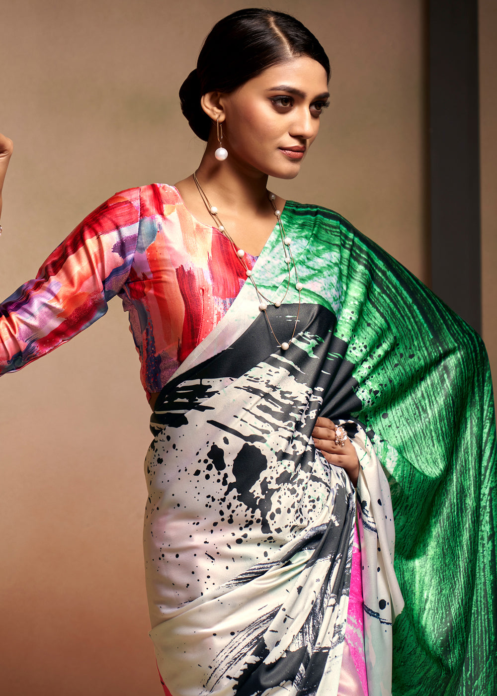 Designer Multicolor Abstract Printed Satin Saree