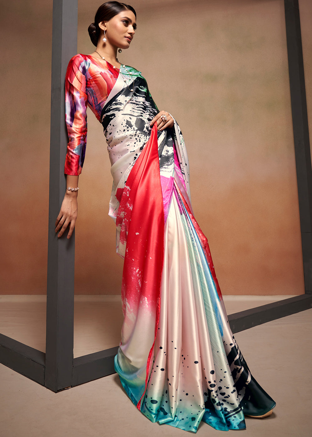 Designer Multicolor Abstract Printed Satin Saree