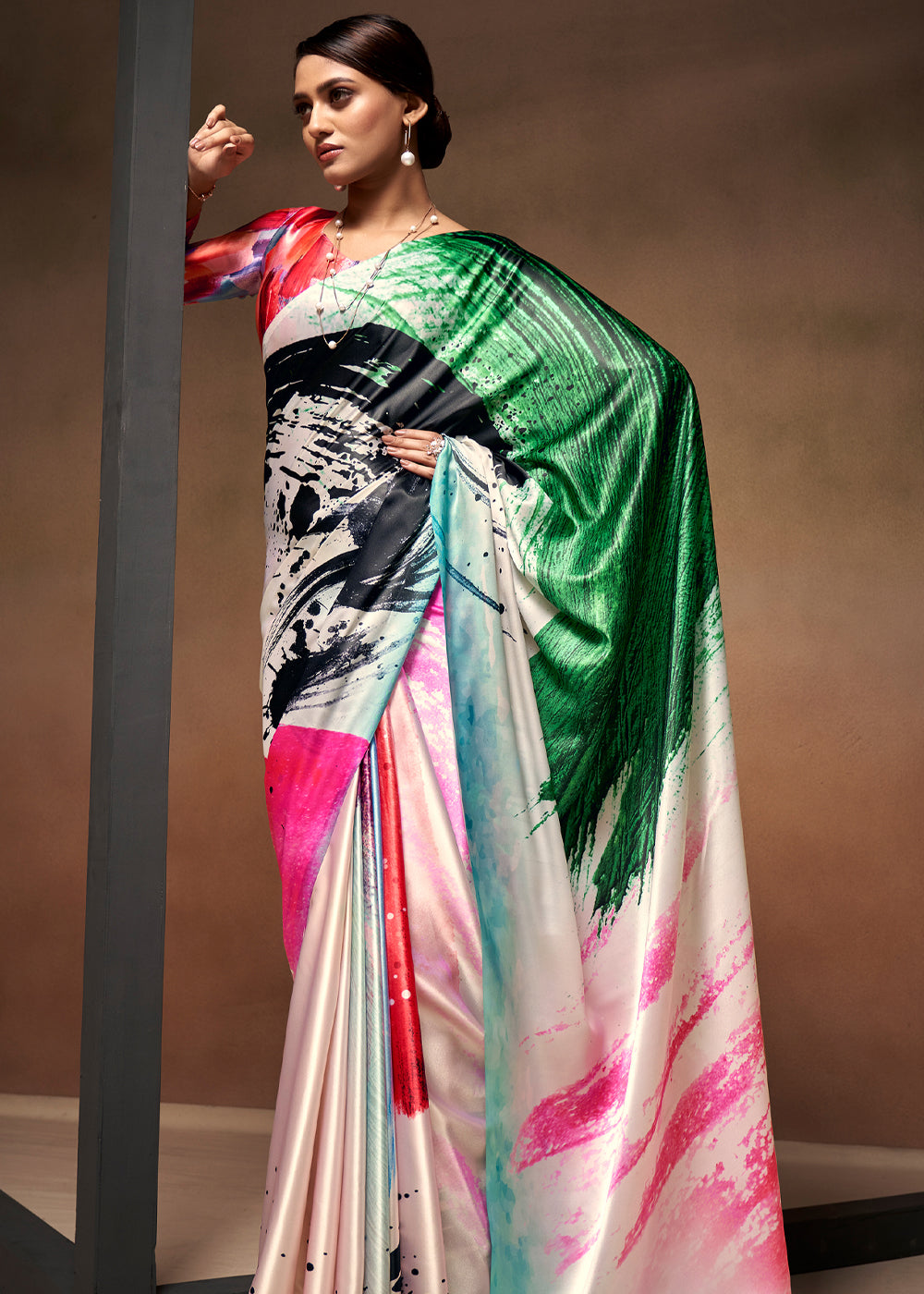 Designer Multicolor Abstract Printed Satin Saree