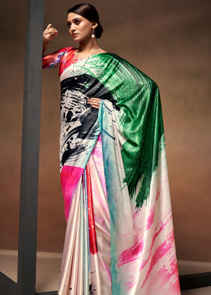 Designer Multicolor Abstract Printed Satin Saree