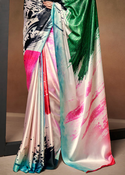 Designer Multicolor Abstract Printed Satin Saree