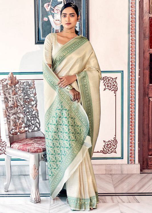 Elegant Ivory & Mint Green Woven Banarasi Saree