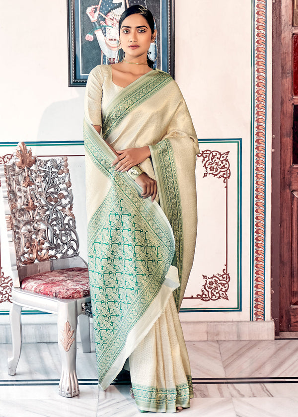 Elegant Ivory & Mint Green Woven Banarasi Saree
