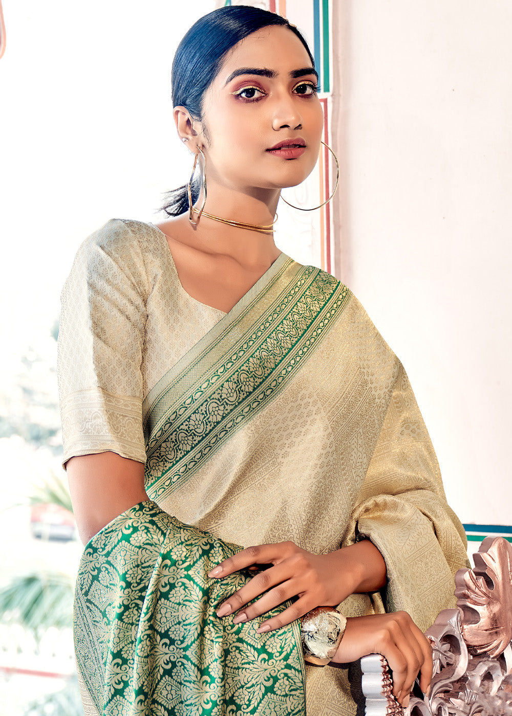 Elegant Ivory & Mint Green Woven Banarasi Saree