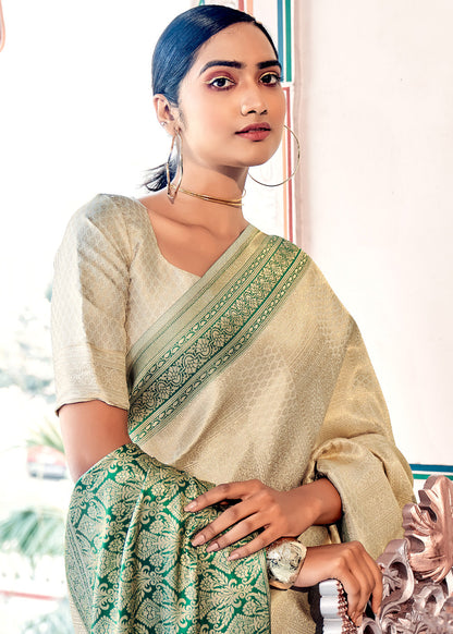 Elegant Ivory & Mint Green Woven Banarasi Saree