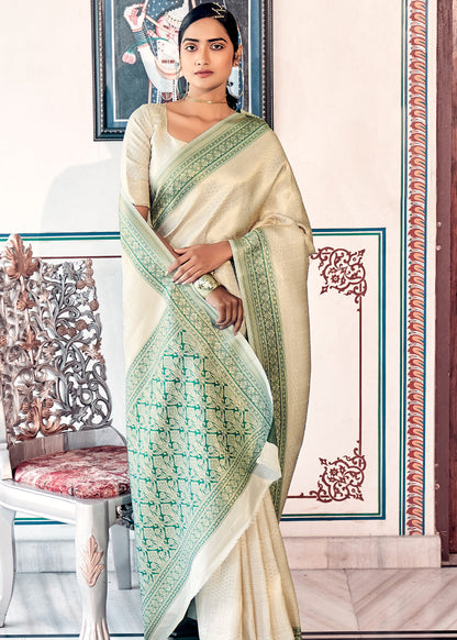 Elegant Ivory & Mint Green Woven Banarasi Saree