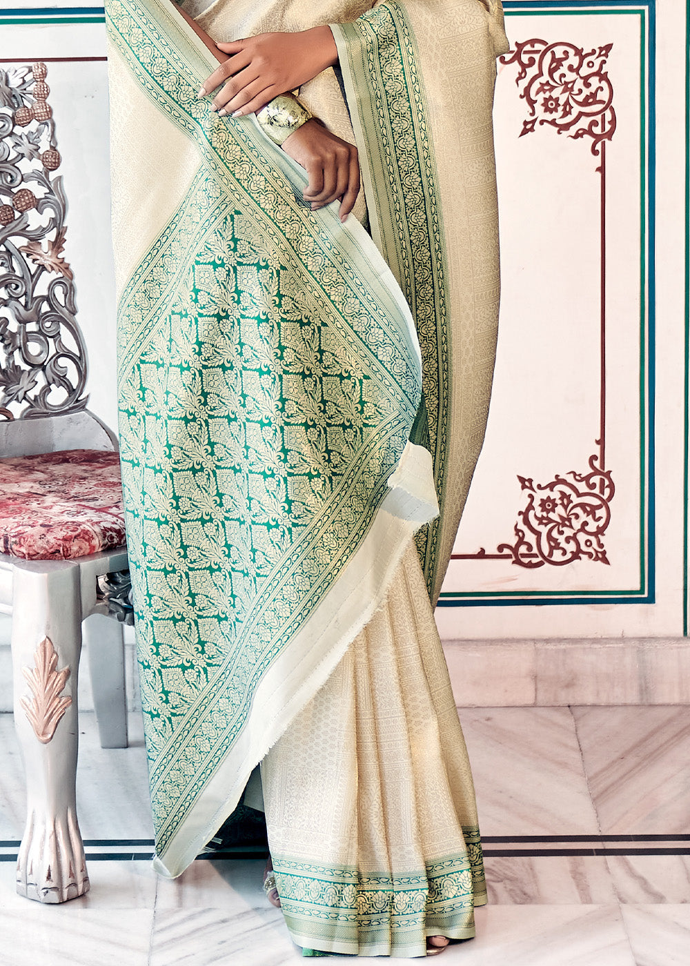 Elegant Ivory & Mint Green Woven Banarasi Saree