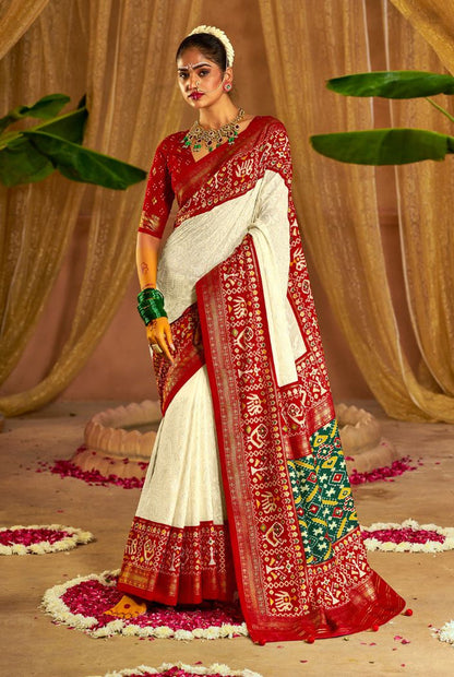 Traditional White & Red Patola Inspired Saree with Rich Woven Border
