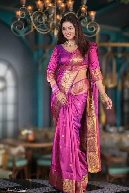 Royal Rani Pink Banarasi Silk Saree with Traditional Gold Zari Weaving