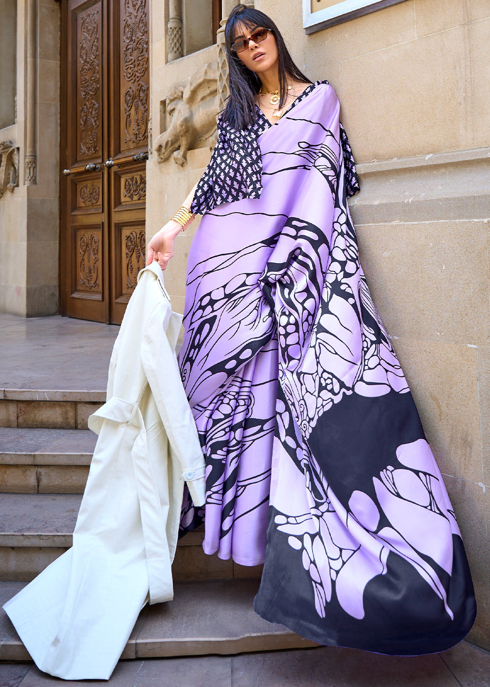 Trendy Lavender Abstract Printed Satin Saree
