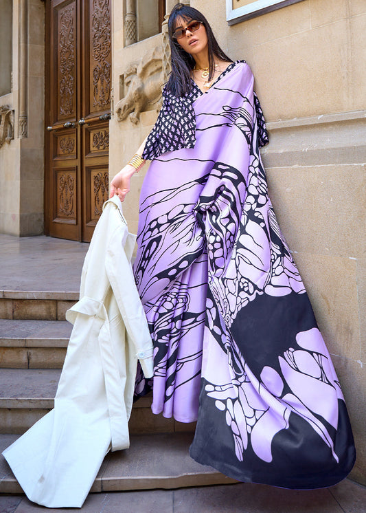 Trendy Lavender Abstract Printed Satin Saree